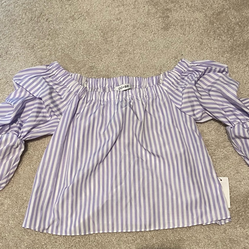 Last to Leave Purple striped off the shoulder top